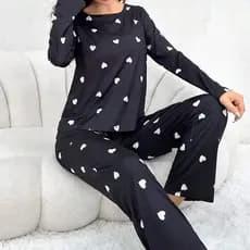 Pijama feminino com estampa de coração, gola redonda, mangas compridas, calças compridas, conjunto para outono e inverno