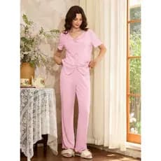 Conjunto de pijama casual de cor sólida com mangas curtas e calças compridas para primavera e verão, pode ser usado fora