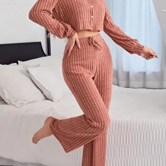 Conjunto de pijama feminino de outono, sucesso de vendas, casual, com botões, manga comprida e calças compridas para des