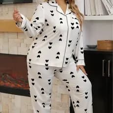 Pijama feminino com cardigã, mangas compridas e calças compridas, design de coraçãozinho fofo, tamanho grande, conjunto