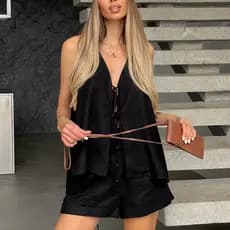 Conjunto de pijama feminino de algodão puro com top de alças e amarração nas costas e shorts respiráveis para uso domést