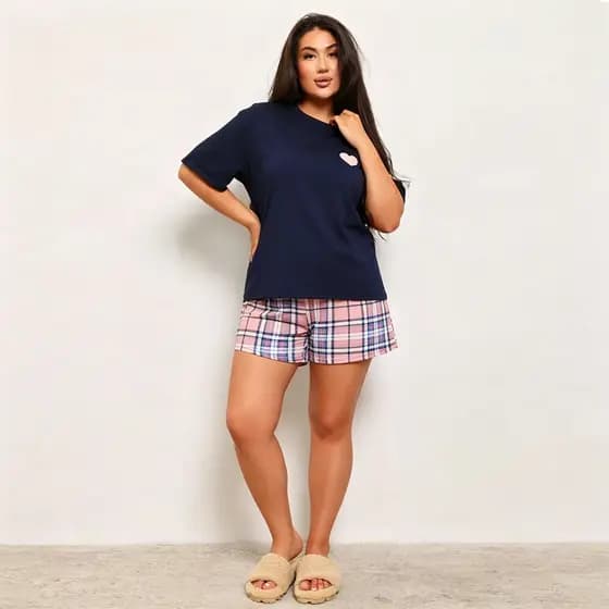 Pijamas femininos plus size de verão, soltinhos e casuais, conjunto de duas peças com shorts e manga curta para mulheres
