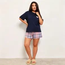 Pijamas femininos plus size de verão, soltinhos e casuais, conjunto de duas peças com shorts e manga curta para mulheres