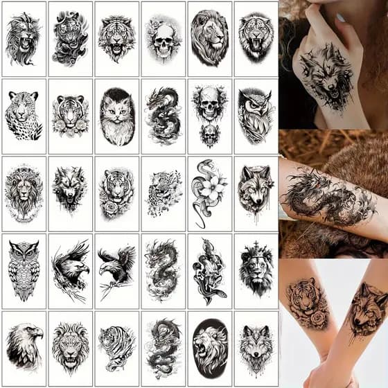 30 Adesivos de Tatuagem Temporária com Padrões de Pequenos Animais, Impermeáveis, Lobo, Tigre, Coruja, Leão, Elefante, p