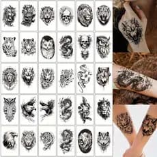 30 Adesivos de Tatuagem Temporária com Padrões de Pequenos Animais, Impermeáveis, Lobo, Tigre, Coruja, Leão, Elefante, p