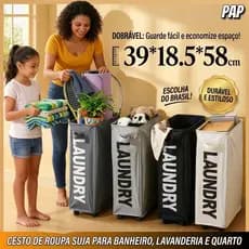 Cesto de Roupa Suja Slim com Rodinhas Dobrável Tecido Oxford Impermeável Organizador Lavanderia Banheiro 58cm