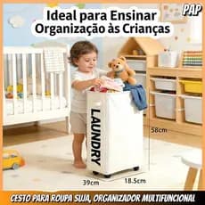 Cesto de Roupa Suja Slim com Rodinhas Dobrável Oxford Impermeável Organizador Lavanderia Banheiro 58cm Premium