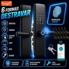 Fechadura Eletrônica Digital Wifi Tuya 6 em 1 com APP, NFC, Biometria, Senha Touch, Chave e Tag