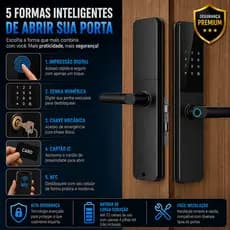 Fechadura Digital Aço Premium 5 em 1 com NFC, Biometria, Senha Touch, Chave e Tag