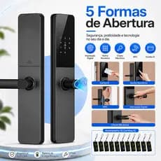 Fechadura Digital Aço Premium 5 em 1 com NFC, Biometria, Senha Touch, Chave e Tag