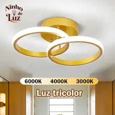 Plafon Luminária Lustre LED de Teto Moderno Duplo Anel Luz Tricolor Econômica com Proteção Ocular para Sala e Quarto