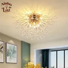 Lustre De Teto Cristal Dente de Leão 6 Luzes Moderno Dourado para Sala Jantar Quarto Teto Decorativo