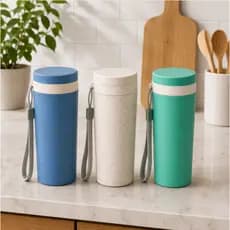 Copo Térmico Fibra De Bambu 350ml Com Tampa Rosqueável - Parede Dupla, Alça, Seguro, Durável