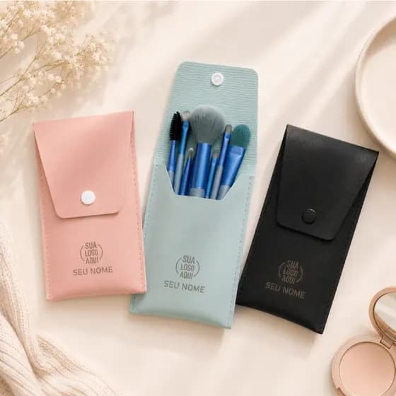 Kit Pincéis de Maquiagem Personalizado com Estojo em Couro 8 Peças Nome ou Logo