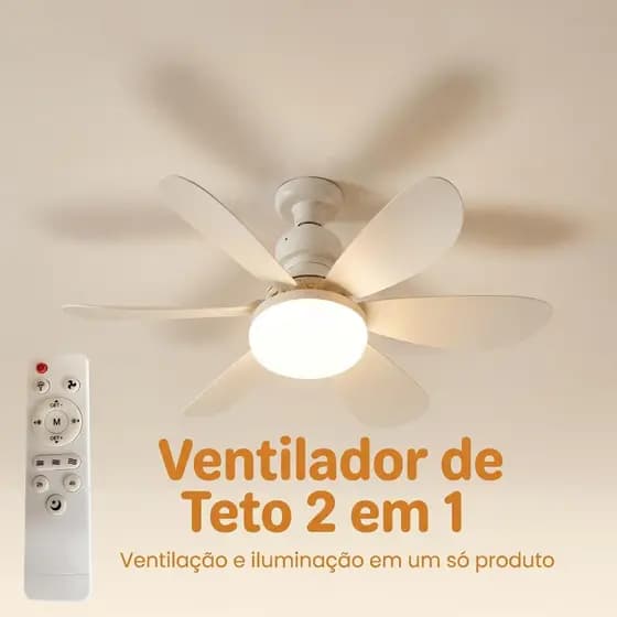 Ventilador de Teto com Luz LED E27 40W 2 em 1, Controle Remoto 3 Velocidades