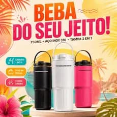 Copo Térmico 750ml em Aço Inox 316 com Canudo, Bico e Tampa Antivazamento