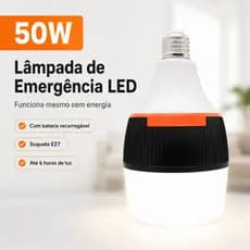Lâmpada de Emergência LED 50W E27 Recarregável Até 6h para Falta de Energia