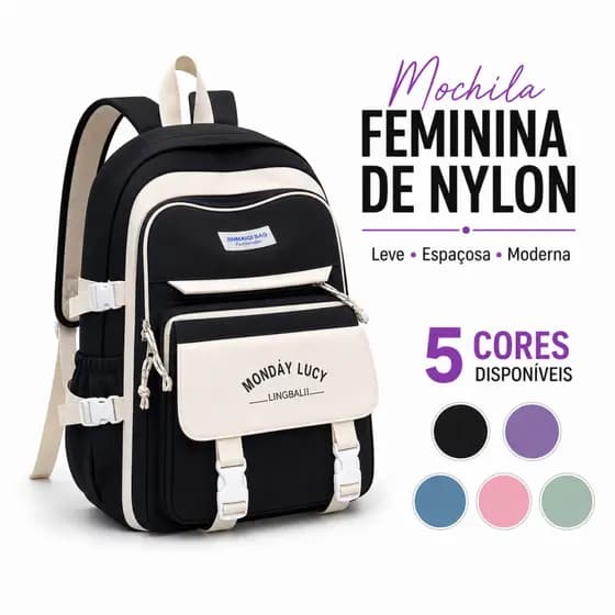 🔥 Mochila Escolar Unissex Monday Lucy | Nylon Resistente | 5 Cores