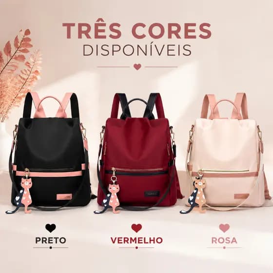 Mochila Feminina Anti-Roubo Nylon Impermeável 2 em 1 Bolsa Casual para Faculdade e Dia a Dia com Chaveiro de Gatinho