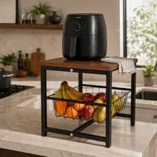 Fruteira E Suporte Air Fryer Organizador de Cozinha Tampo MDF Fruteira em aço Carbono Resistente