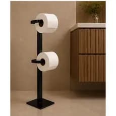Suporte Papel Higiênico Chão Minimalista Preto Fosco Premium Elegante Duplo Organizador Vertical
