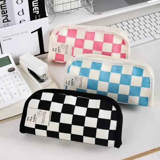 1Pc Estojo De Lápis De Xadrez Preto E Branco , Saco De Papelaria De Lona De Grande Capacidade , Criativo , Material De A