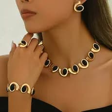 4 Unidades/Conjunto Prateado Feminino Moda Fácil Colar Brincos Pulseira De Anel , Geométrico Oval Preto Acrílico Incrust