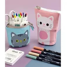 Estojo Retrátil com Padrão de Gato Fofo, Bolsa de Material Escolar, Estojo de Canetas Kawaii, Porta-Canetas de Lona de A