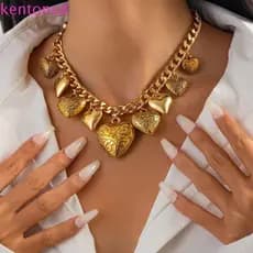 Colar Com Pingente De Coração KENTONSD , Pulseira De Metal Estereoscópico Dourado E Prateado , Joias Vintage Elegantes