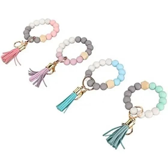 Haofy 4 Peças Pulseira De Chaveiro , Contas De Silicone Macio Com Fecho Lagosta E Estilo Borlas , Para Bolsa Carteira Mo