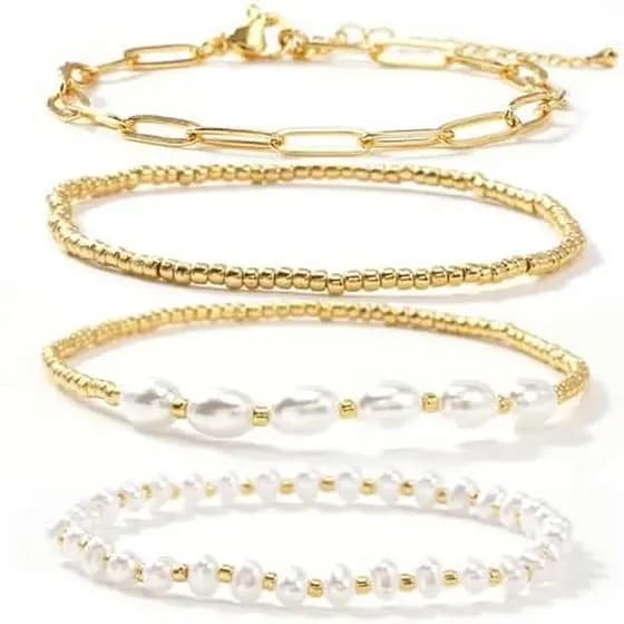 14K Ouro Pérola Frisado Cruz Pulseiras Pilha Conjunto Para Mulheres , Estiramento Boho Colorido Contas Cristãs Bola Jóia