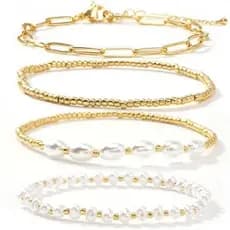 14K Ouro Pérola Frisado Cruz Pulseiras Pilha Conjunto Para Mulheres , Estiramento Boho Colorido Contas Cristãs Bola Jóia