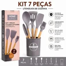 Jogo de Cozinha com Utensílios de Silicone e Copo Suporte para Cozinha Cabo de Madeira