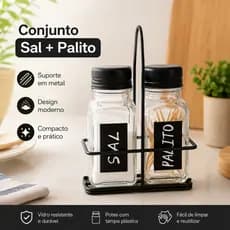 Conjunto Saleiro + Paliteiro Premium em Vidro com Suporte Moderno | Envio Imediato