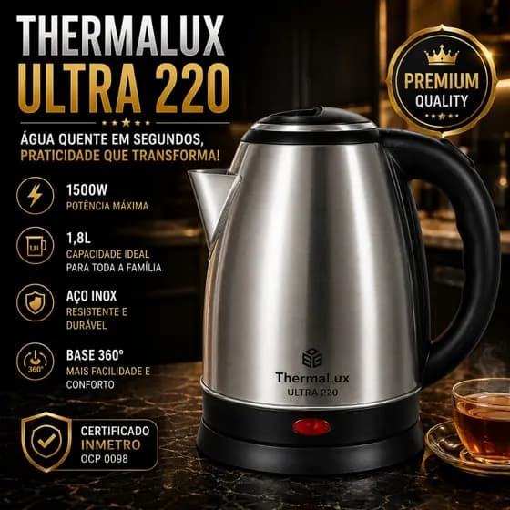 Chaleira Elétrica Inox 1,8L 220V 1500W Base Giratória 360° Aquecimento Rápido ThermaLux Ultra Certificada INMETRO