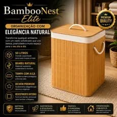 Cesto de Roupas Bambu 50 Litros com Tampa e Alças Organizador Dobrável para Lavanderia Quarto Banheiro BambooNest Elite