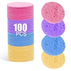 100 Esponjas Faciais - Celulose Natural, Formato Redondo - Limpeza Facial, Esfoliação, Remoção de Maquiagem - Azul, Amar