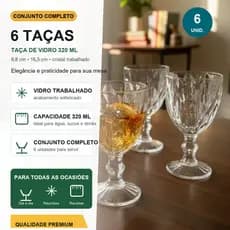 Kit 6 Taças Diamond Vidro Transparente Resistente 320ml Água Suco Drinks Coquetéis