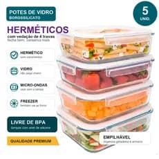 Kit 5 Potes Herméticos Vidro 350ml Marmita Fitness Vidro Resistente Com Tampa Hermética "pequenas porções"