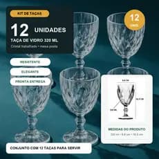 Kit 12 Taças Diamond Vidro Transparente Resistente 320ml Água Suco Drinks Coquetéis