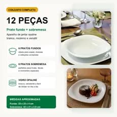 Jogo 12 Pratos Opaline Branco 6 Fundo 6 Sobremesa Vidro Resistente Quadrado Mesa Posta