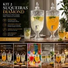 Kit 2 Suqueiras Vidro Resistente 5 Litros Diamond Com Torneira Transparente Para Suco Água