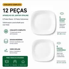 Jogo 12 Pratos Opaline Branco 6 Rasos 6 Sobremesa Vidro Resistente Quadrado Mesa Posta