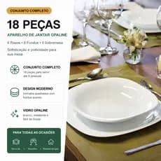 Aparelho Jantar 18 Peças Opaline Branco 6 Rasos 6 Fundos 6 Sobremesa Vidro Resistente