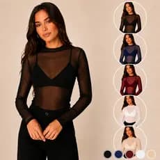 Blusa Tule Transparente Preta Branca Off White Azul Vinho Feminina Manga Longa Básica Segunda Pele