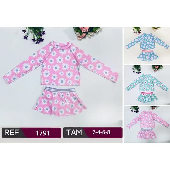 Conjunto infantil de praia e piscina com girassóis, proteção UV FPS50+, blusa de manga comprida, shorts e saia