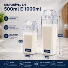 KIT Garrafa Acrilica Leite 1L e 500ML 1 2 3 4 Unidades Caixas Suco Bebidas Transparente Quadrada