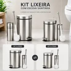Kit Lixeira Inox Pedal 5L 3L + Escova Sanitária Banheiro Balde Removível Tampa Aço Inoxidável