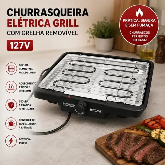 Churrasqueira Eletrica Grill Compacta Grelha Removivel Antiaderente Preta 127V Facil Limpeza