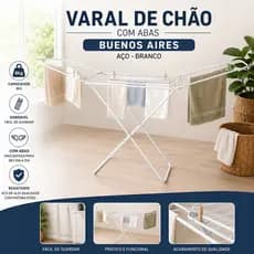Varal de Chão Grande Dobrável Aço com Abas Portátil Roupas Lavanderia Apartamento Resistente